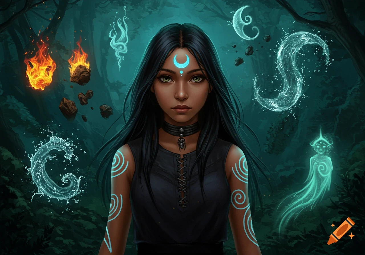 Fantasy art of a dark-haired girl with a glowing crescent moon on her forehead, surrounded by elemental symbols of fire, earth, water, air, and spirit.