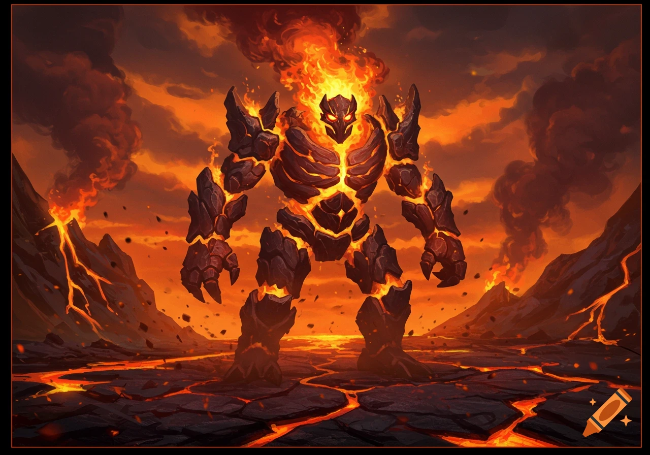 A powerful fire golem made of glowing lava and dark rock stands amidst a fiery volcanic landscape with flowing magma and smoke.