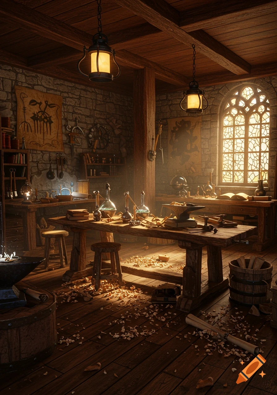 A detailed medieval fantasy workshop interior with an anvil, tools, flasks, books, and wooden shavings, illuminated by sunlight from a gothic window.