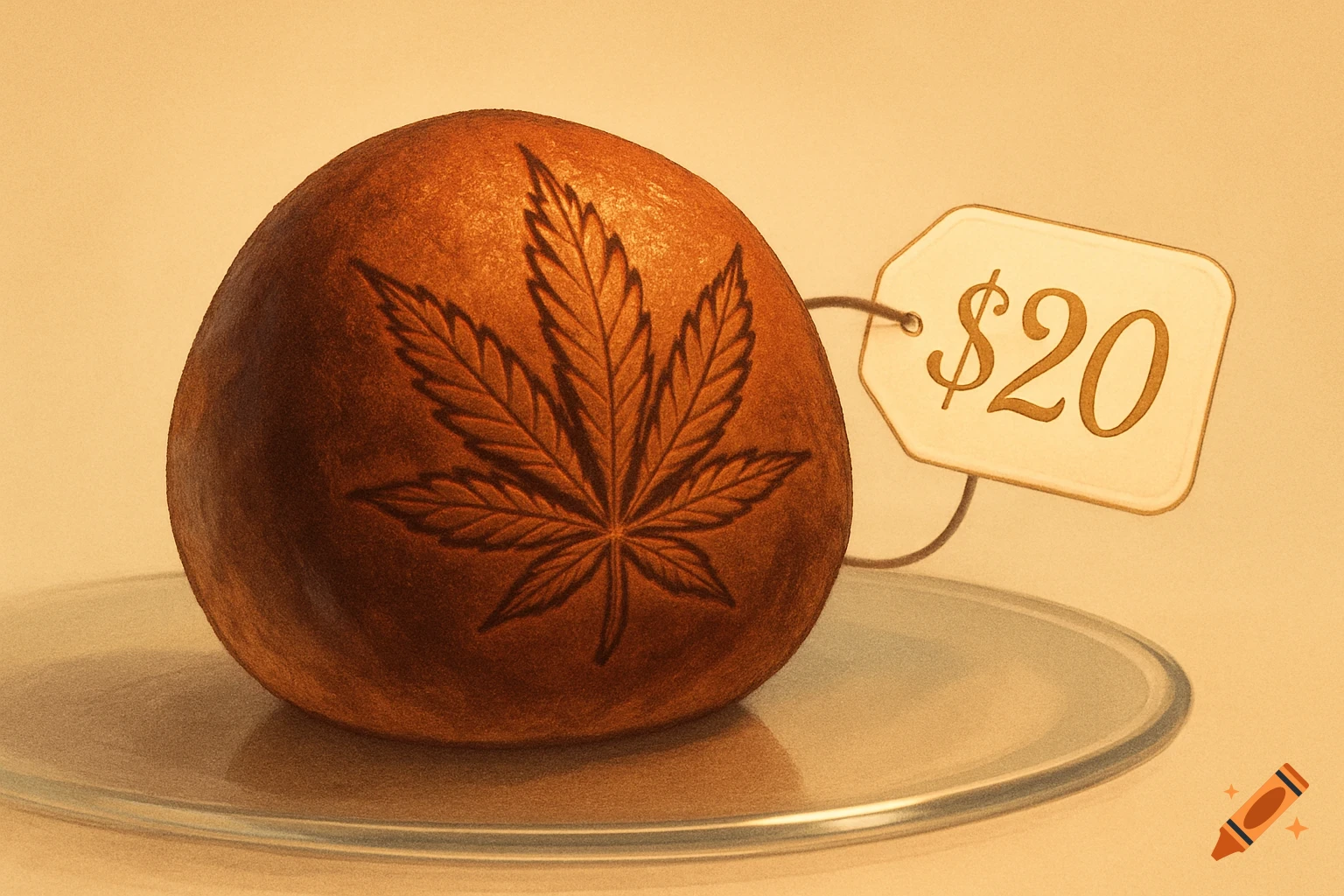 A brown truffle-like object with an embossed cannabis leaf sits on a clear plate next to a price tag showing $20.