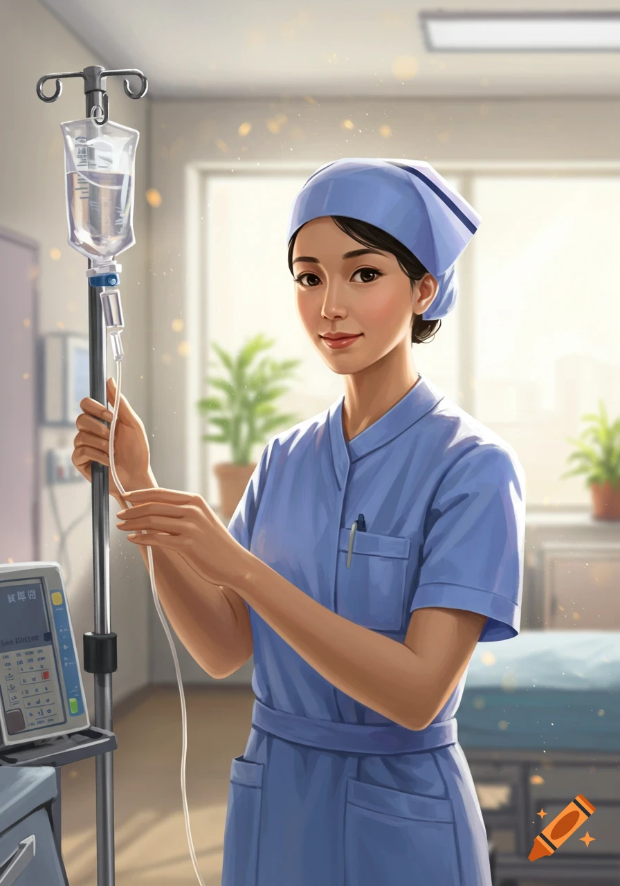 An illustrated depiction of a smiling nurse in blue scrubs adjusting an IV drip in a hospital room.