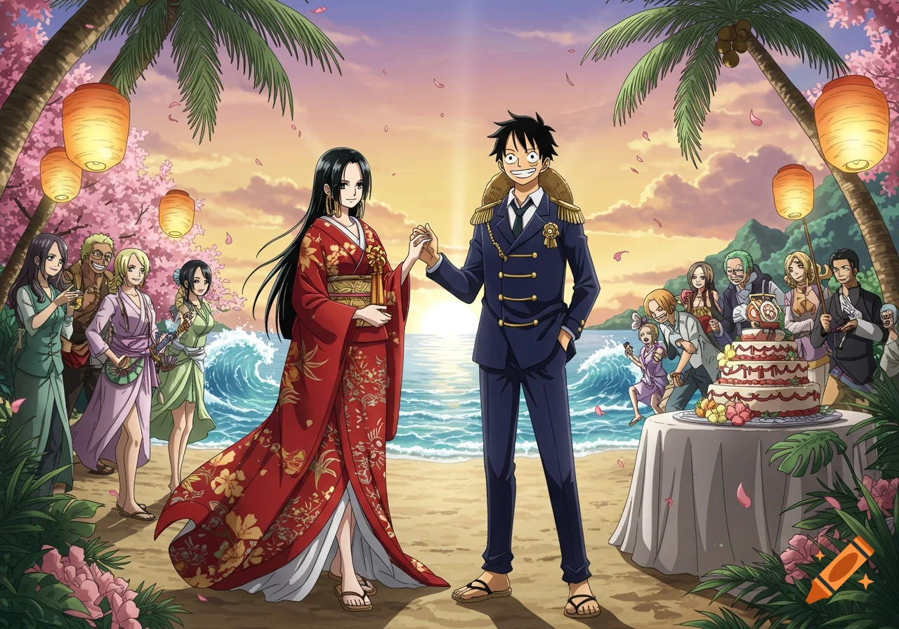 Anime characters Monkey D. Luffy and Boa Hancock hold hands on a beach at sunset, with other characters and a wedding cake.