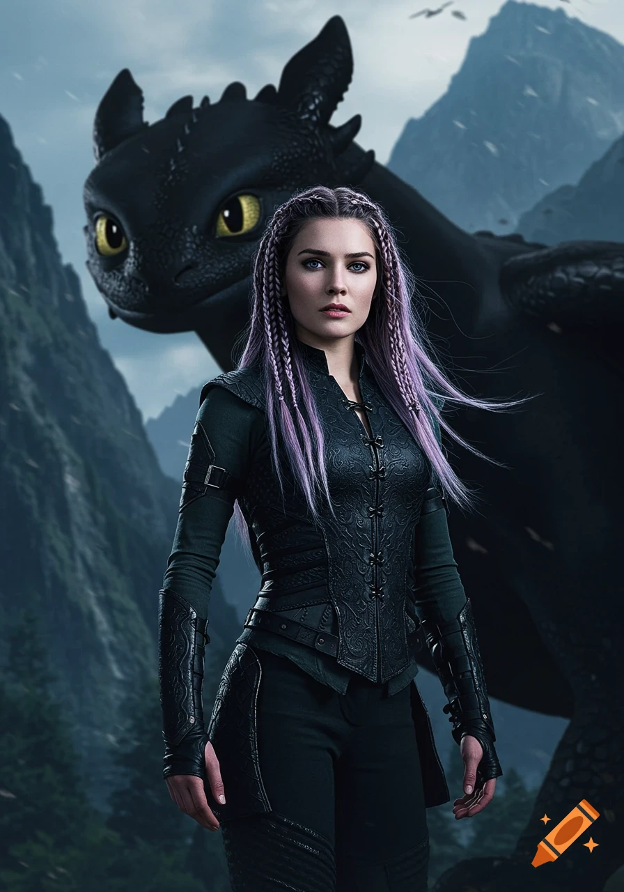 A photorealistic image of a woman with long purple braids standing in front of a black dragon with golden eyes, against a backdrop of majestic mountains.