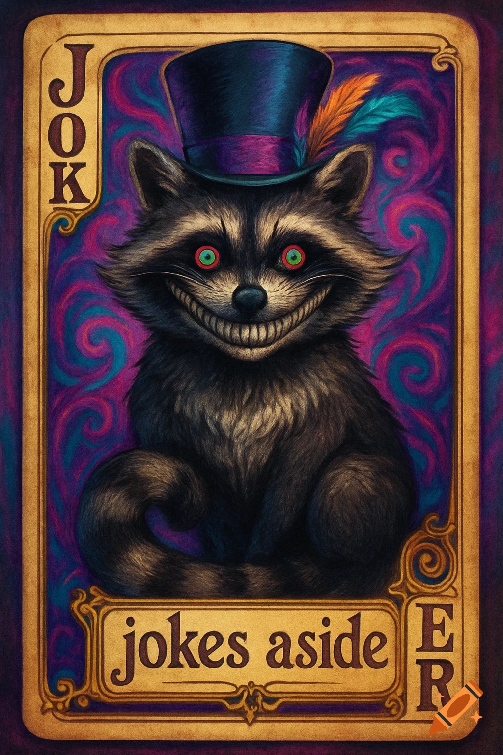 A stylized joker playing card features a grinning raccoon in a top hat, with 'jokes aside' at the bottom.