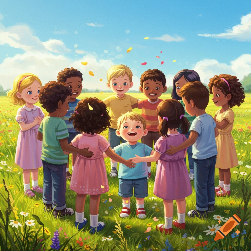 A diverse group of smiling children holding hands in a circle in a sunny, flower-filled field under a blue sky, illustrated.