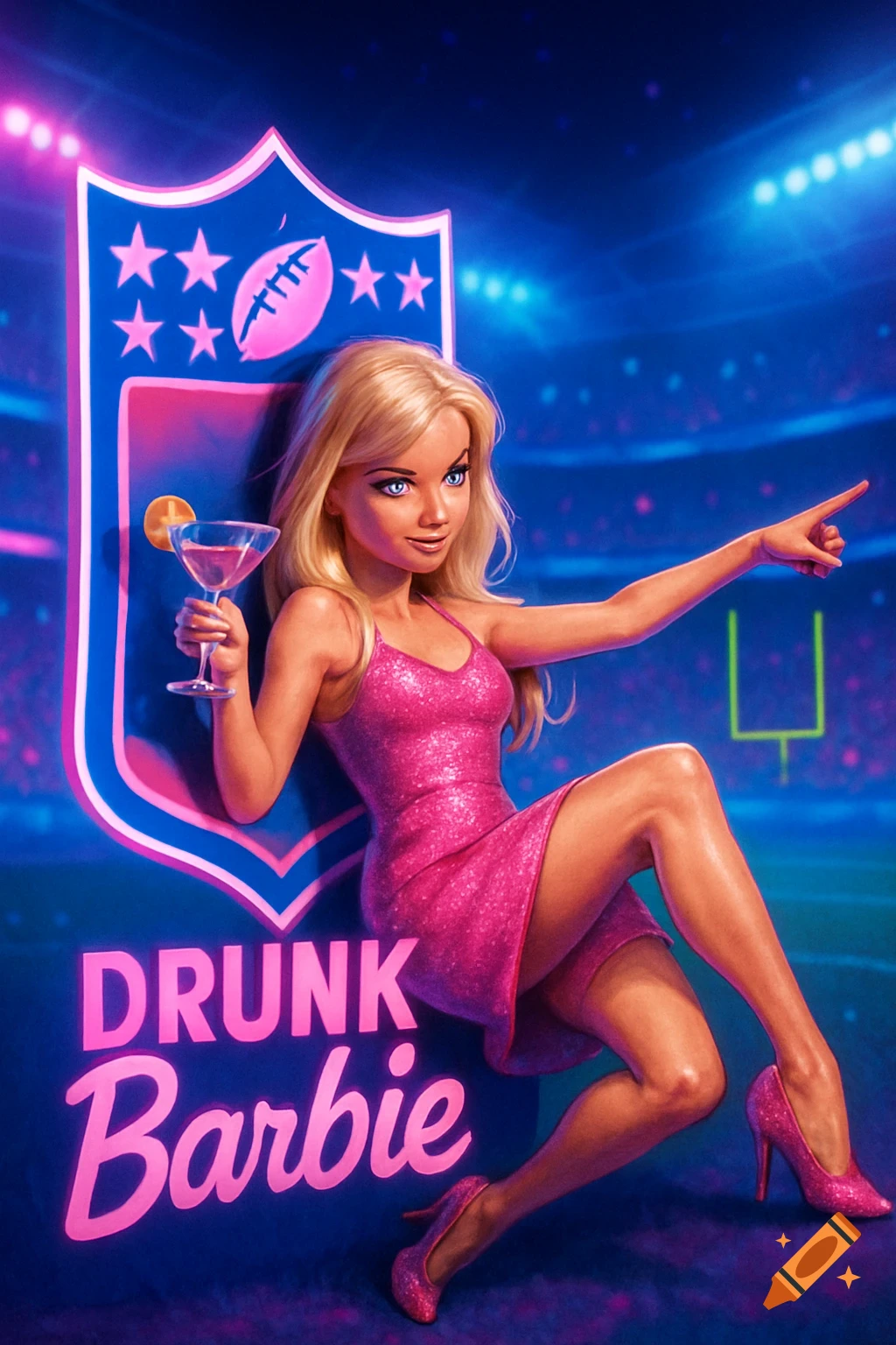 Digital art of a blonde woman in a pink sparkly dress holding a martini and pointing, beside an NFL shield in a stadium. Text reads 'DRUNK Barbie'.