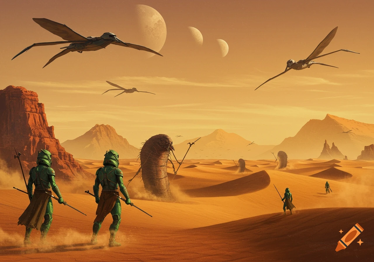 Armored figures and alien creatures on a vast orange desert planet under multiple moons, in a science fiction style.