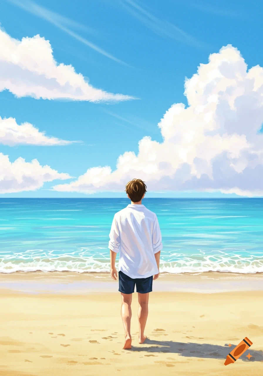 An anime-style illustration of a person in a white shirt and shorts standing on a sandy beach, looking out at the blue ocean and cloudy sky.
