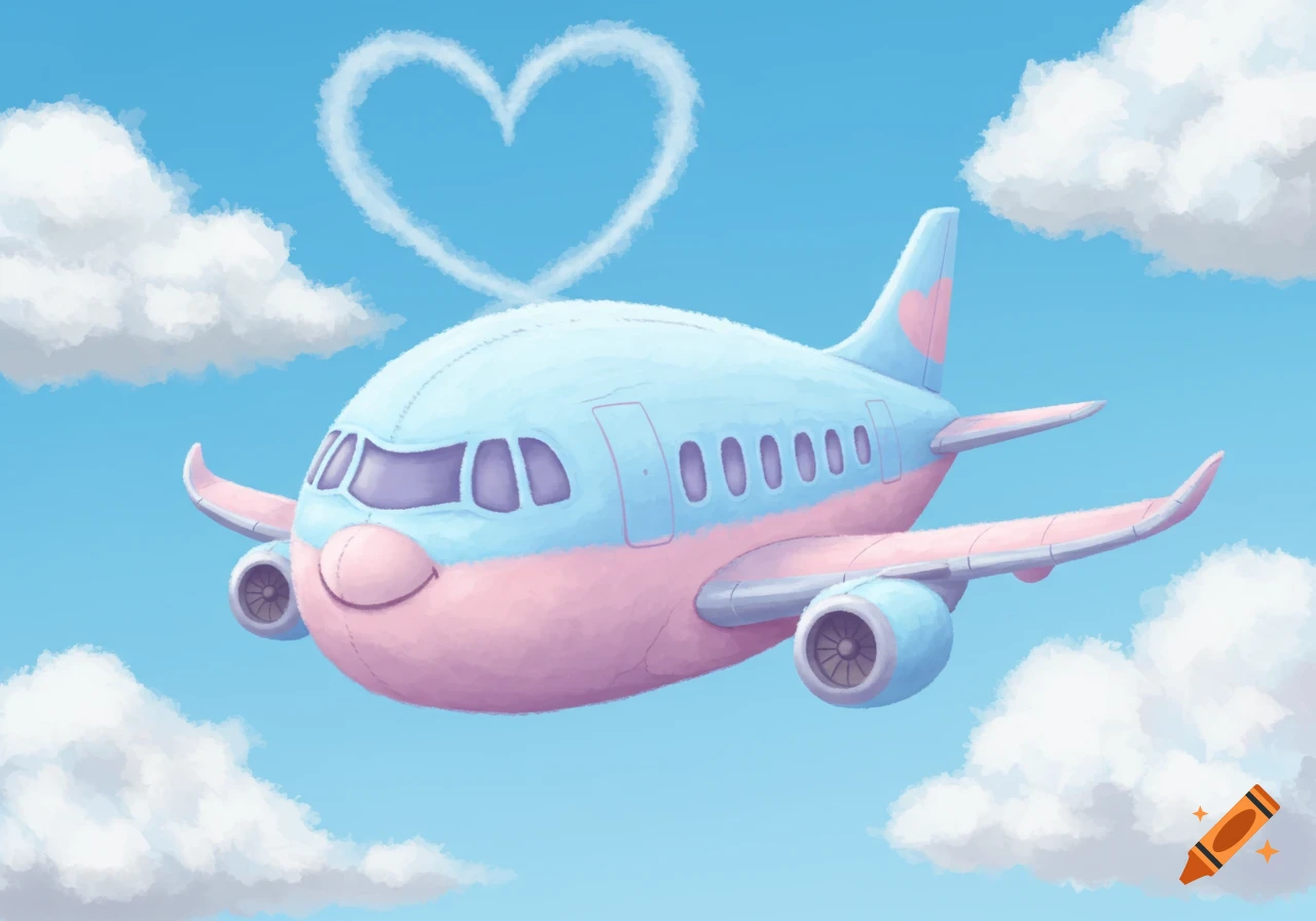 A cuddly, light blue and pink cartoon airplane flies through a bright blue sky, leaving a white heart-shaped contrail.