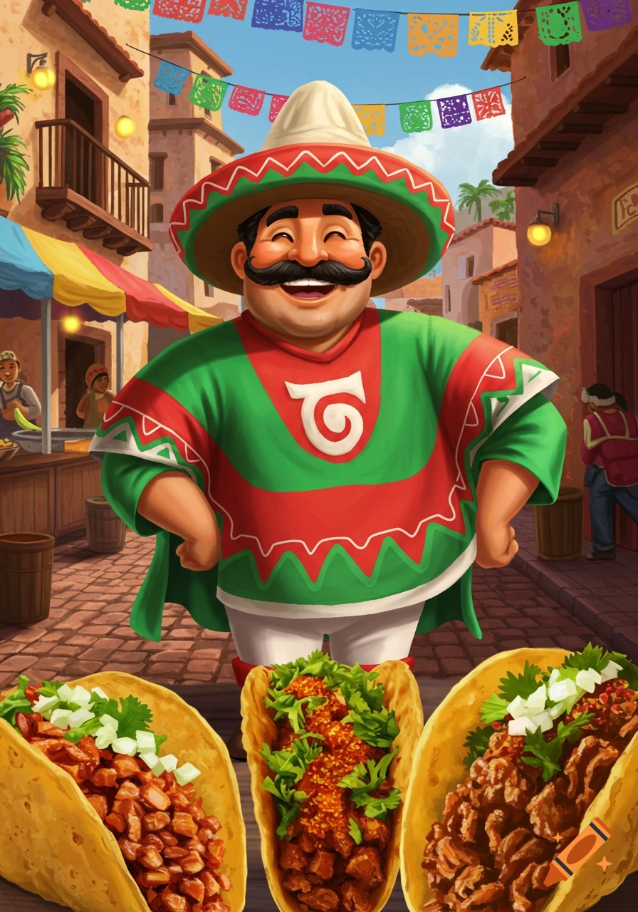 Smiling cartoon man in a sombrero and poncho stands in a vibrant Mexican street scene with three tacos in the foreground.