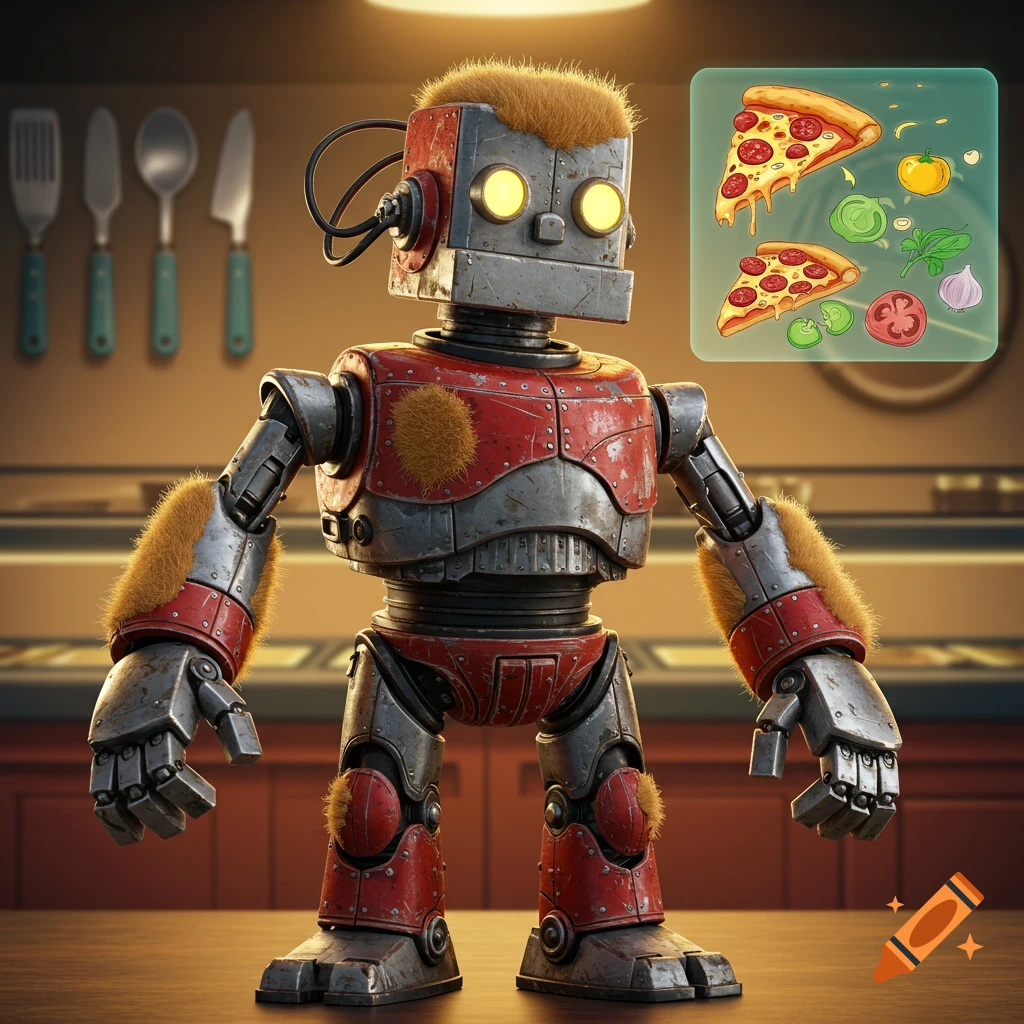 A red and gray mechanical robot with fur patches stands in a kitchen, with a thought bubble showing pizza and ingredients.