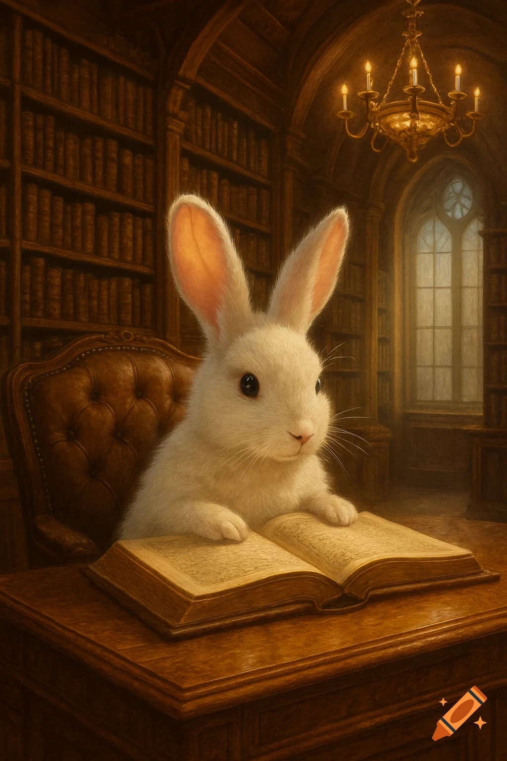 A white bunny in a fancy chair behind a wooden desk, looking at an open book in a grand, candlelit library.