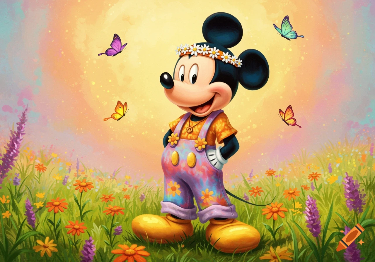 Mickey Mouse wearing a flower crown and tie-dye overalls stands in a vibrant field with colorful butterflies.