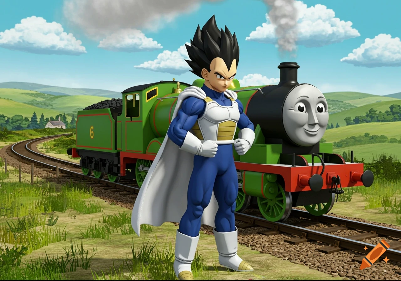 Vegeta from Dragon Ball Z stands next to Henry the Green Engine from Thomas & Friends on train tracks in a vibrant, cartoon landscape.