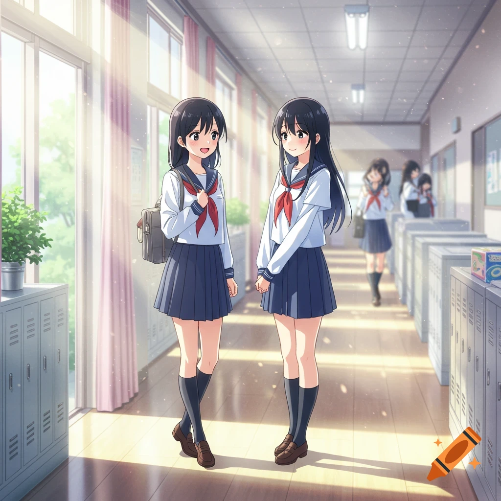 Two anime schoolgirls with black hair standing in a sunlit school hallway, smiling.