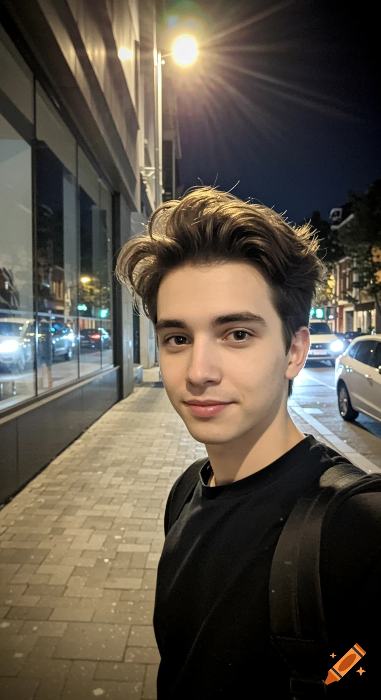 A young man takes a selfie on a city sidewalk at night, with streetlights and cars in the background.