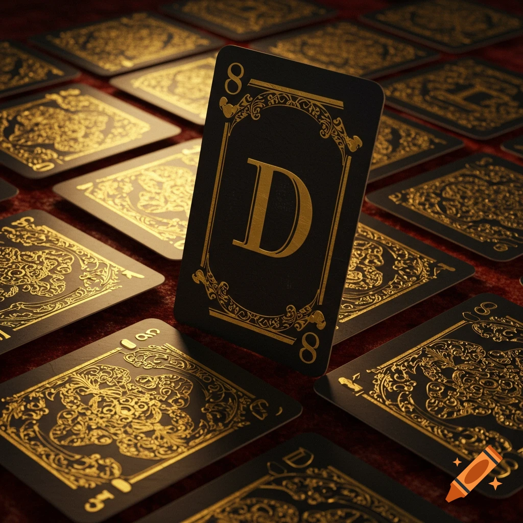 An array of black and gold playing cards on a red surface, with one card prominently displayed featuring a large golden letter D and the number 8.