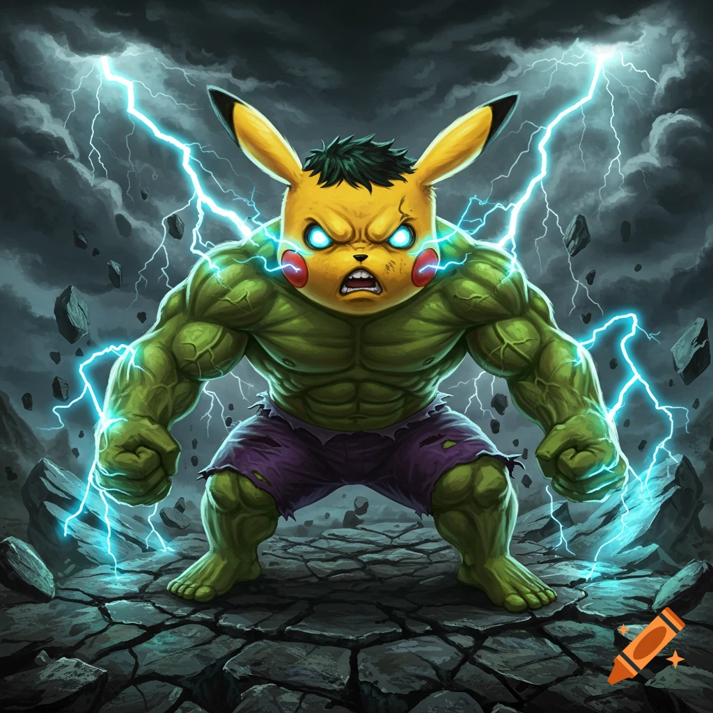 An angry, muscular Pikachu with a green Hulk-like body, glowing blue eyes, and lightning striking around it on cracked ground, in a dynamic comic art style.