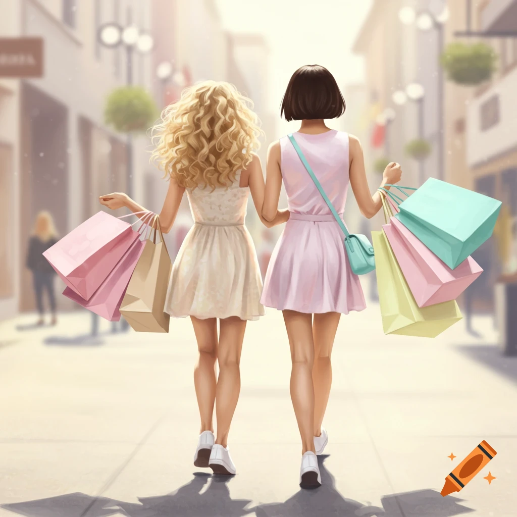 Illustration of two stylish women carrying shopping bags on a sunny shopping street.