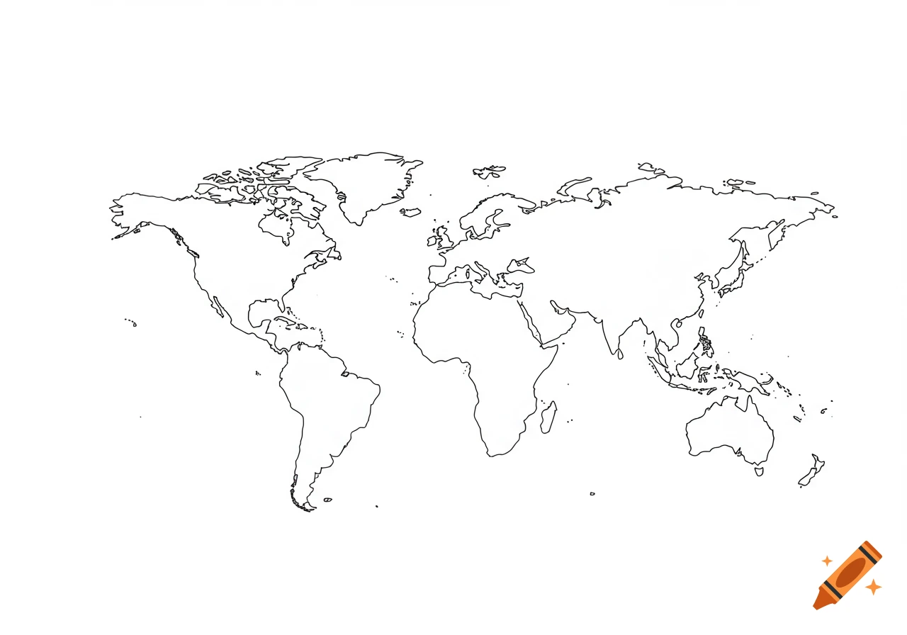 A simple black and white outline map of the world's continents and major islands.