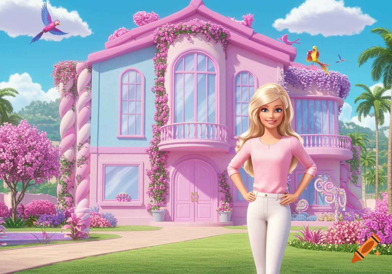 A blonde woman in a pink top and white pants stands smiling in front of a large pink and blue dollhouse, surrounded by flowers.