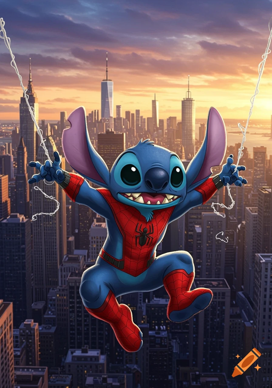 Stitch, dressed as Spider-Man, swings over a vibrant city skyline at sunset in a digital illustration.