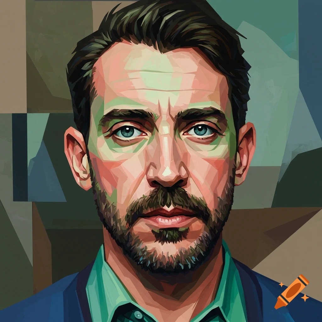 A stylized portrait of a man with a beard and blue eyes, rendered in a geometric, cubist-like art style.