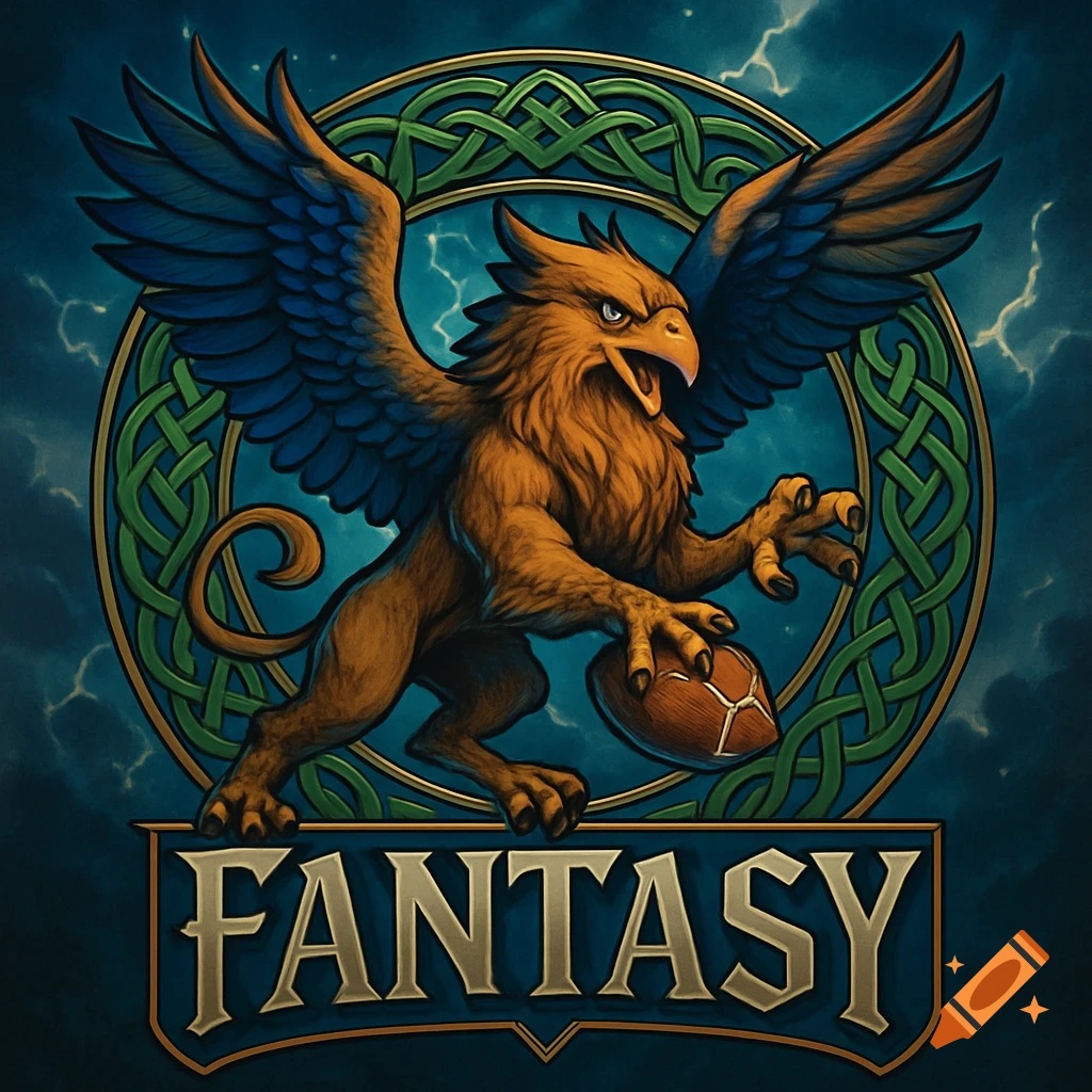 A detailed griffin logo holding a football against a Celtic knot, with 'FANTASY' text.