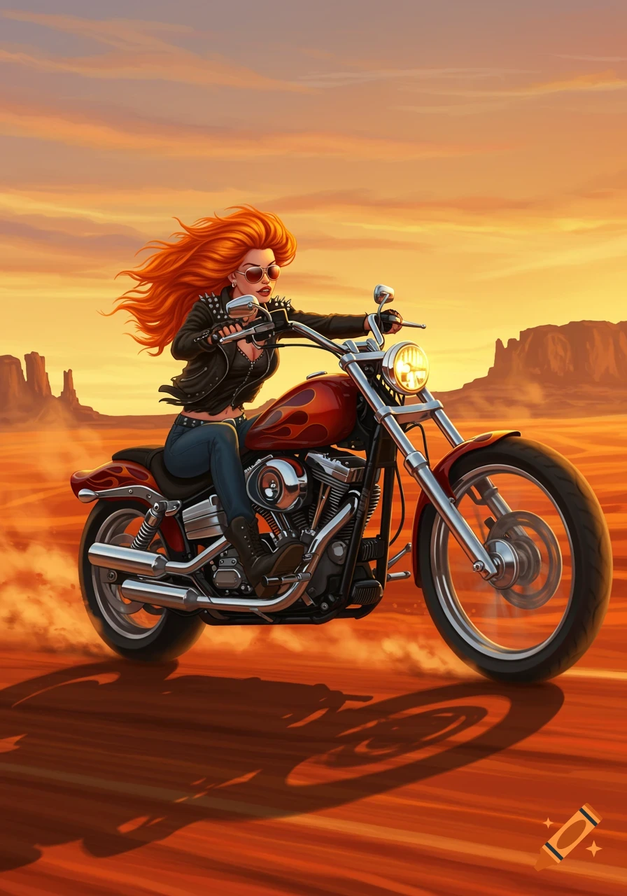 Stylized illustration of a red-haired woman on a motorcycle speeding through a dusty desert at sunset.
