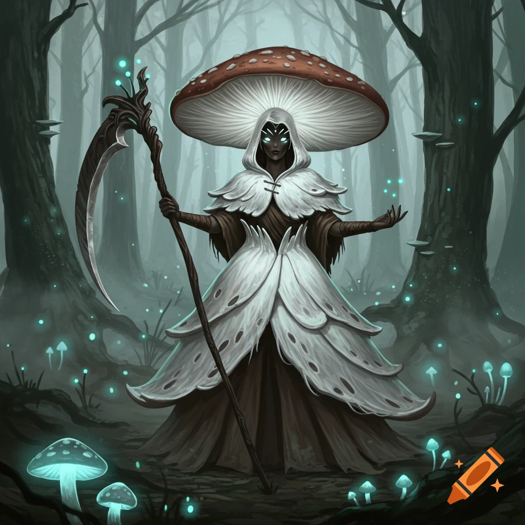 A dark-skinned cleric with glowing eyes, wearing a white mushroom-cap hood and petal-like dress, holds a scythe in a glowing, misty forest.