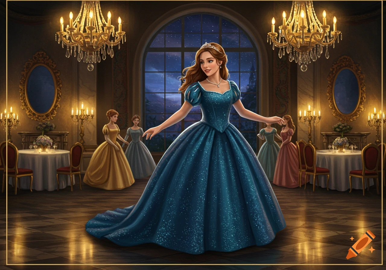 A beautiful princess in a sparkling blue gown stands in a grand ballroom with other women, under ornate chandeliers.