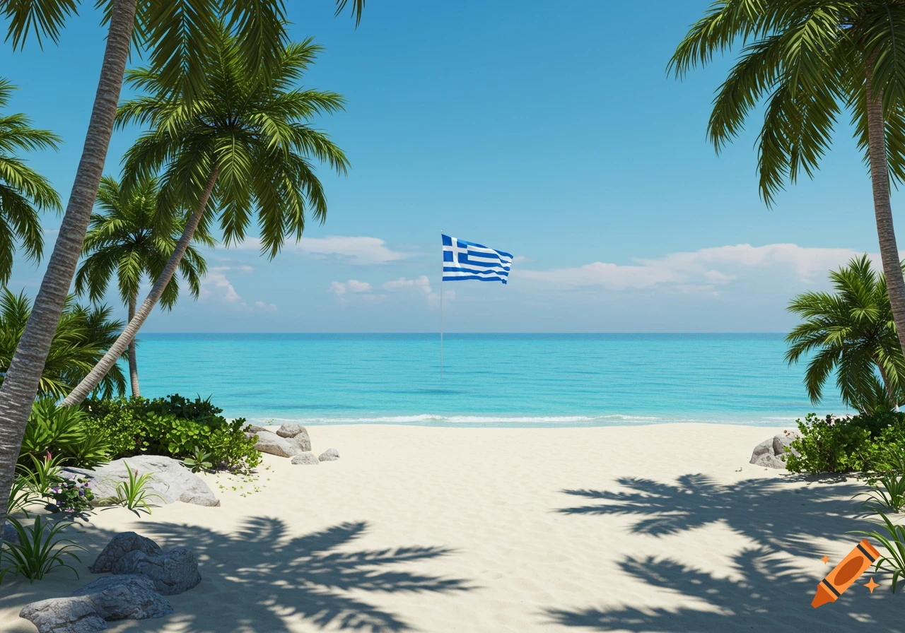 Photorealistic image of a tropical beach with palm trees, a clear blue ocean, and a Greek flag flying on a pole in the distance.