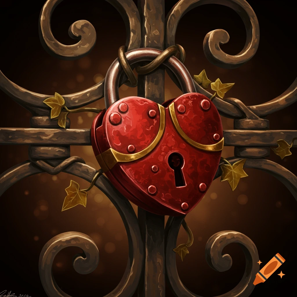 A red heart-shaped padlock with gold accents on an ornate dark metal gate, adorned with green and gold ivy leaves.