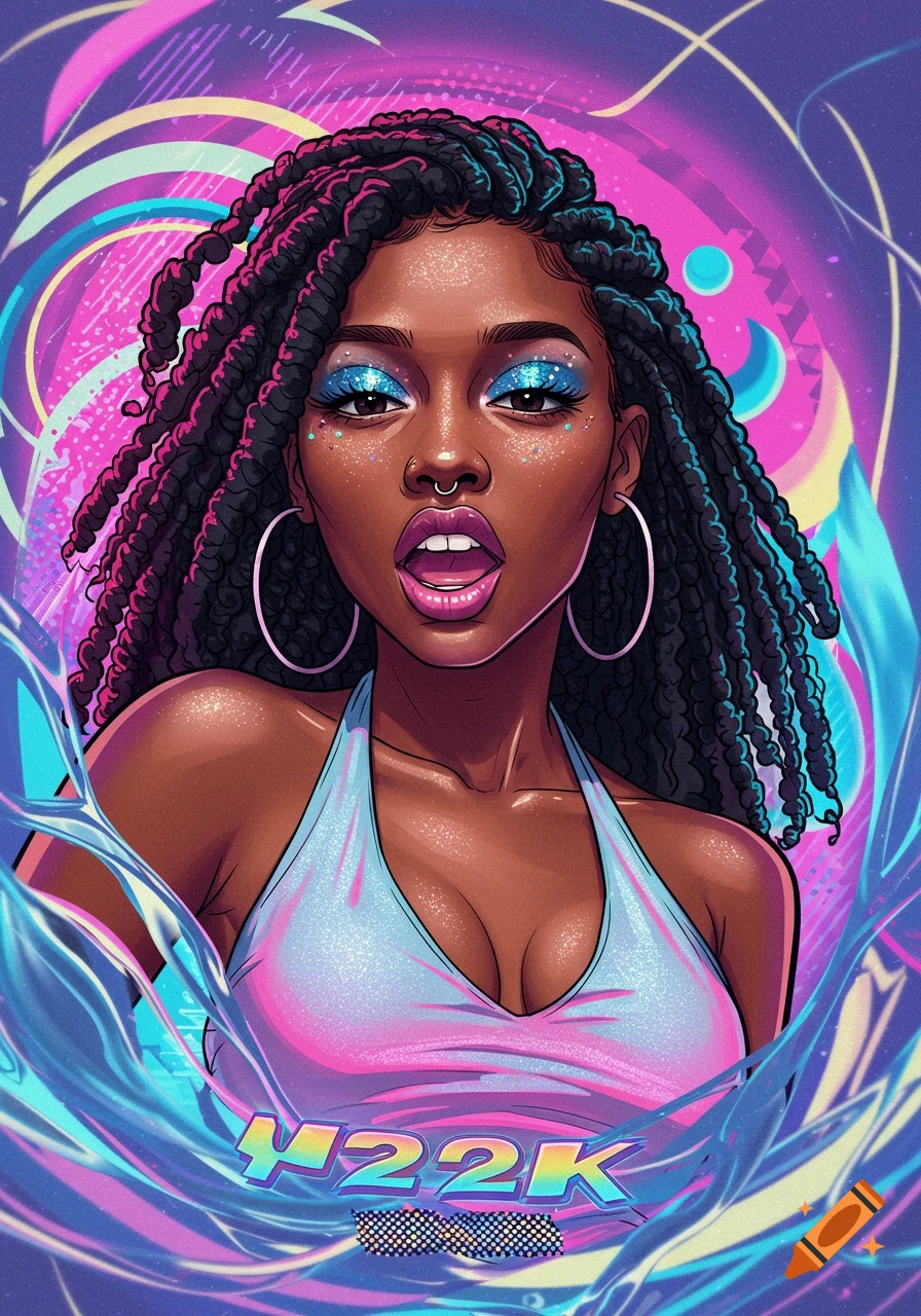 Vibrant 2D illustration of a Black woman with dreadlocks, glittery blue eyeshadow, and a septum ring, wearing a light blue halter top against a neon pink and purple Y2K background.