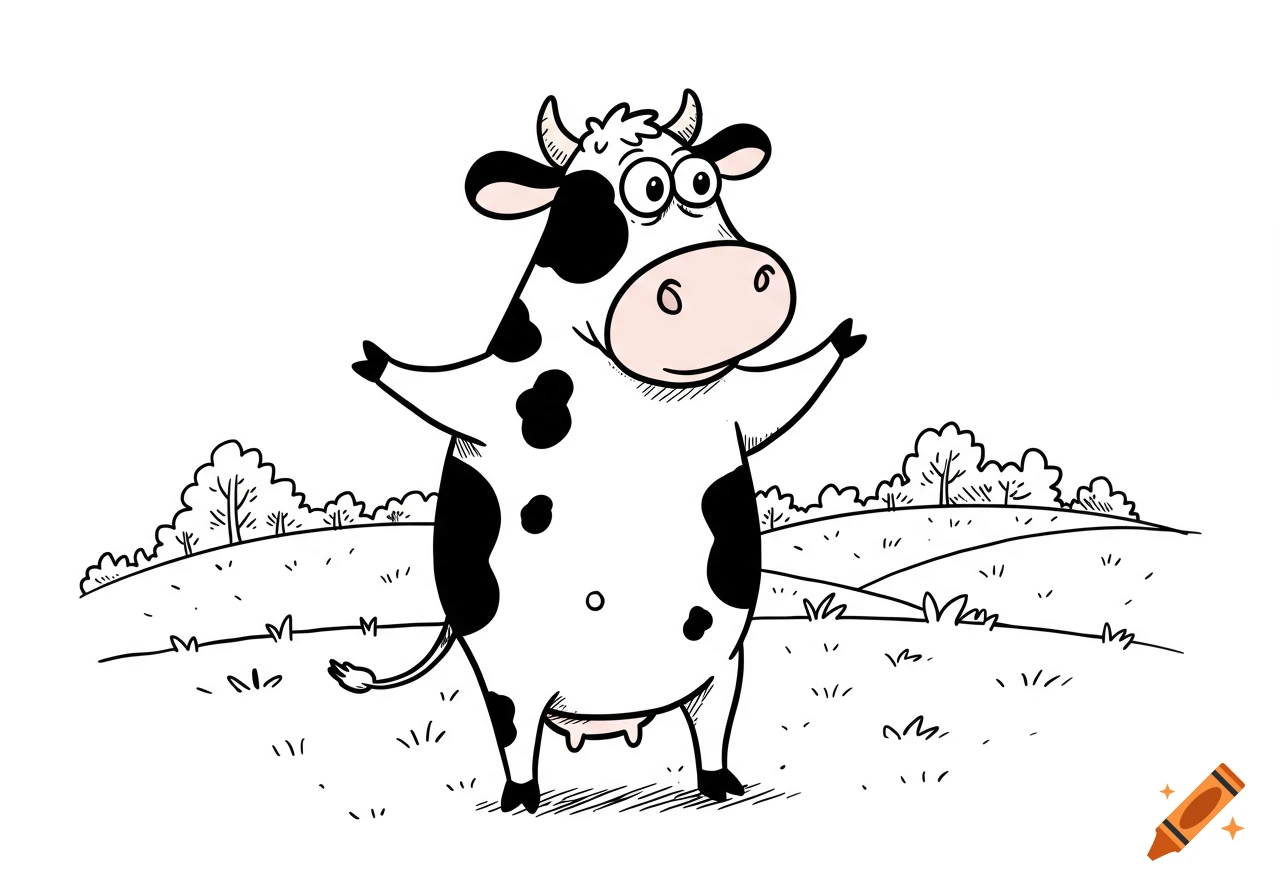 A black and white cartoon cow with spots stands upright in a field with trees.