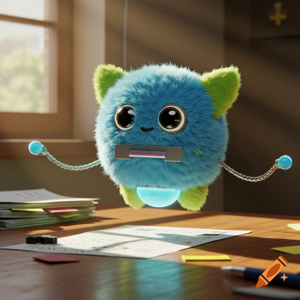 A cute, fluffy blue and green creature with large eyes and mechanical arms floats above a wooden desk with papers and a pen, rendered in a 3D style.