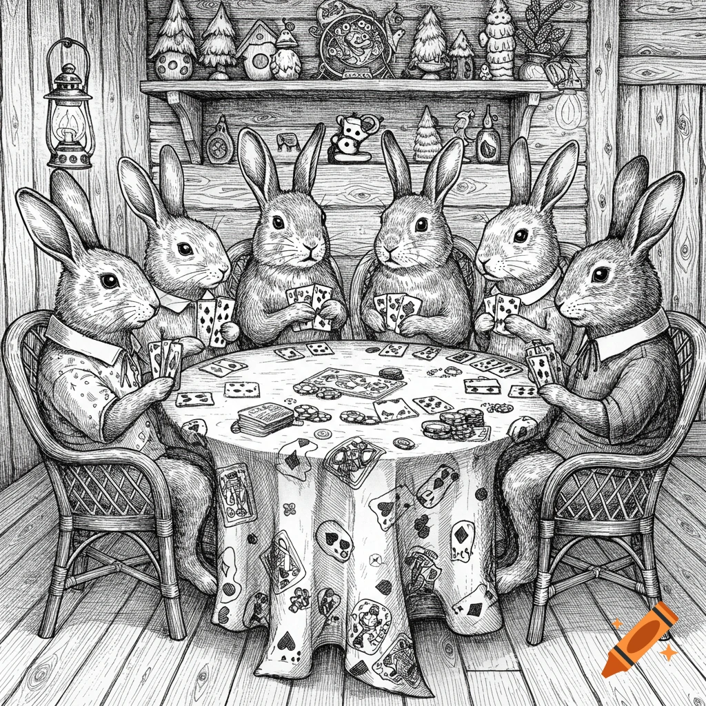 A black and white line drawing depicts five anthropomorphic rabbits in clothing playing poker around a table in a rustic wooden room.