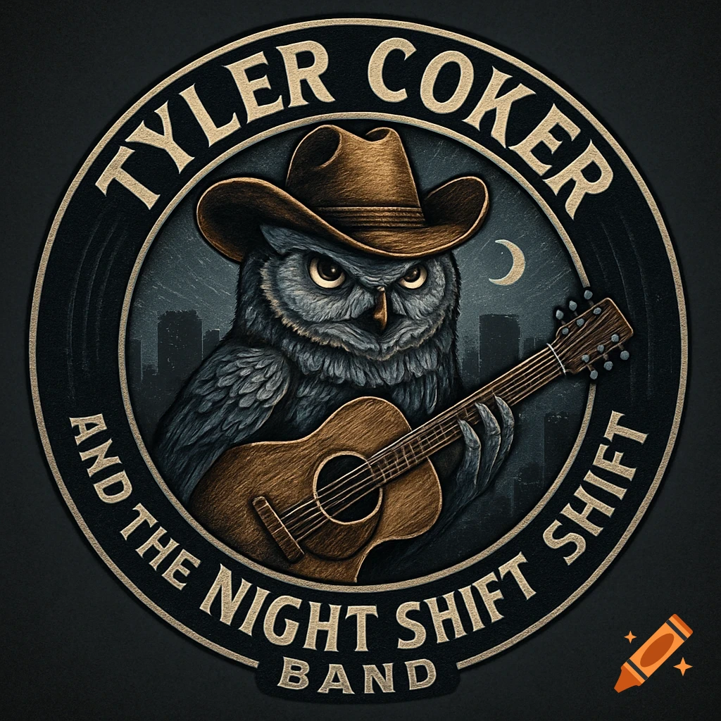 Circular logo of an owl in a cowboy hat playing a guitar, with band name 'TYLER COKER AND THE NIGHT SHIFT BAND'.