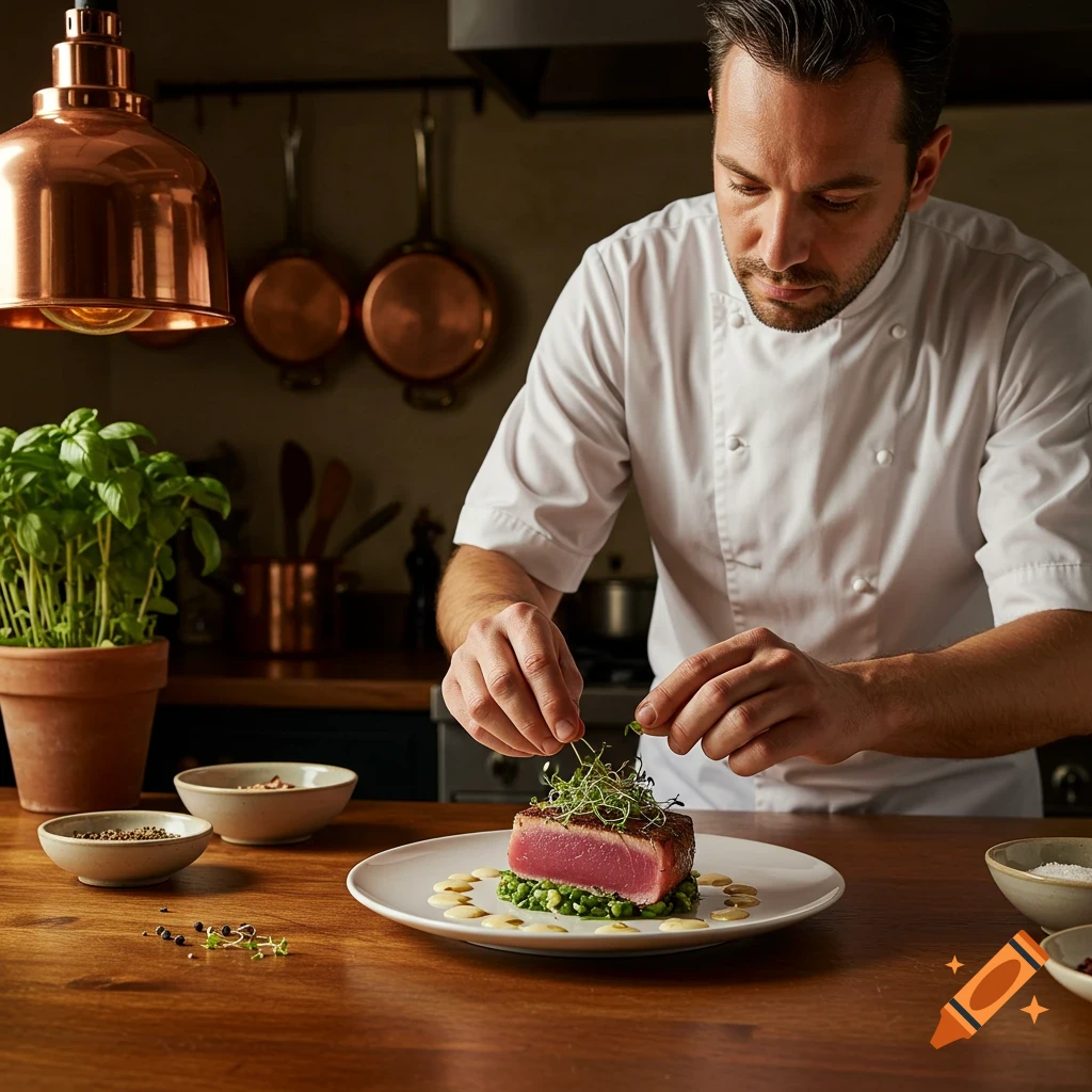 A chef in a white uniform meticulously plates seared tuna with microgreens on a white dish in a rustic kitchen, photorealistic.