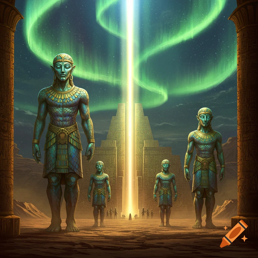 Giant teal-skinned humanoids stand before a glowing pyramid under a green aurora-lit sky in a desert.