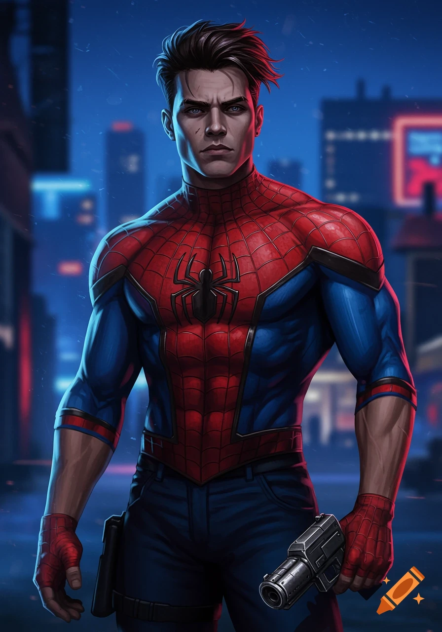 A serious male character in a Spider-Man suit, with dark hair, holding a firearm in a stylized city night scene.