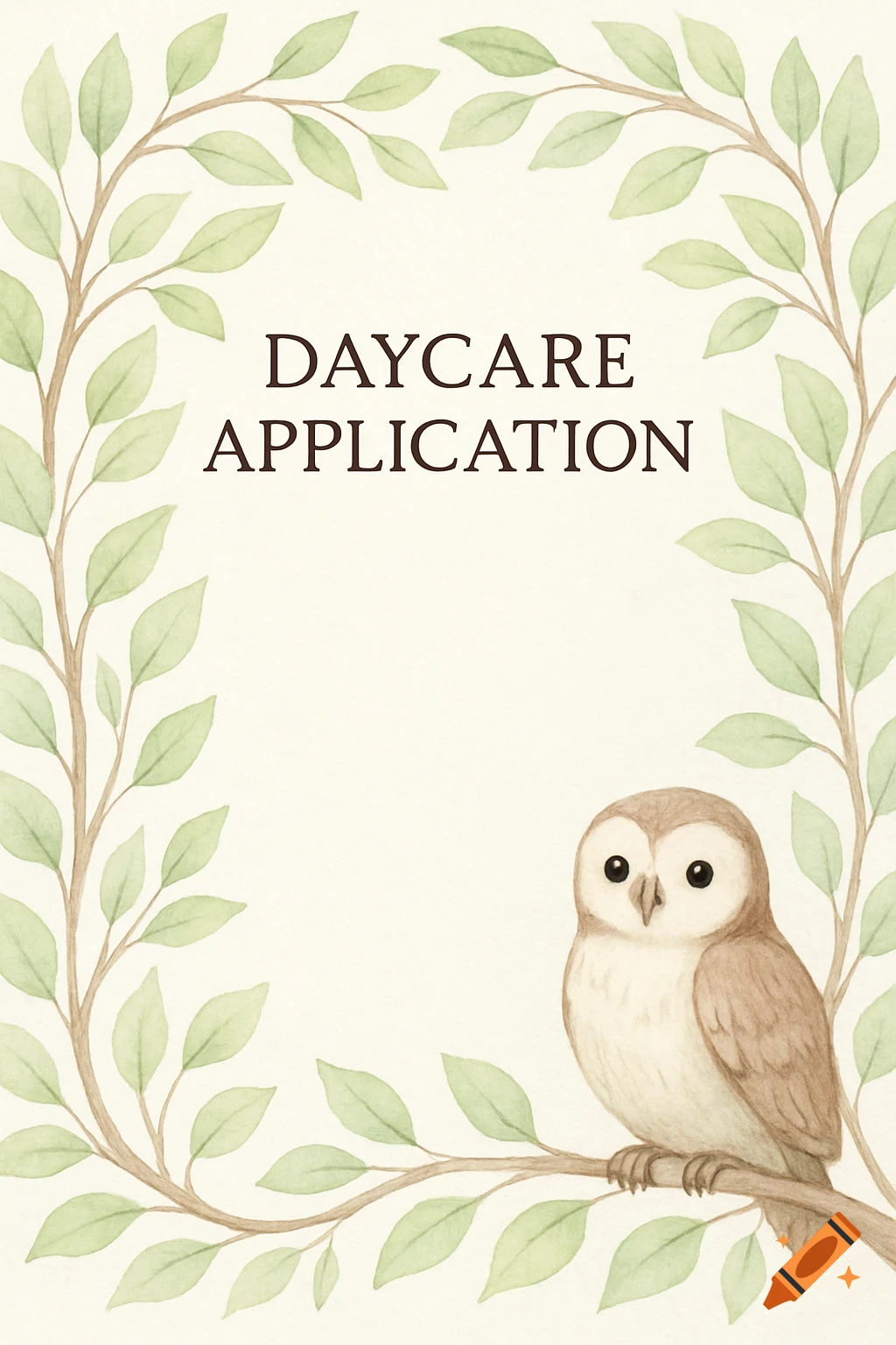 Watercolor illustration of a cute owl on a branch, framed by green leaves, with 'DAYCARE APPLICATION' text.