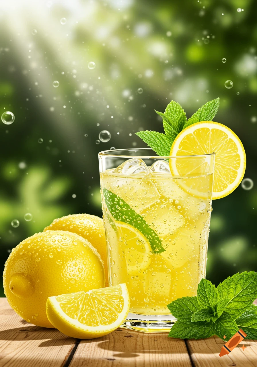 Refreshing glass of lemonade with ice, lemon, and mint on a wooden table, surrounded by fresh lemons and mint sprigs in sunlight.