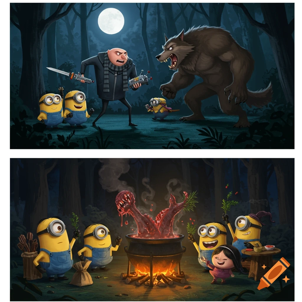 A two-panel image. Top: Gru and Minions face a werewolf in a moonlit forest. Bottom: Gru and Minions cook a monster in a cauldron.