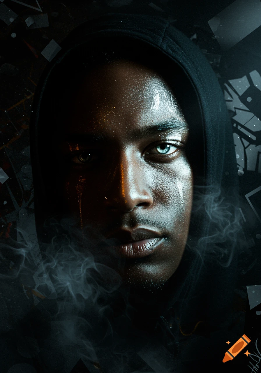 Dramatic close-up portrait of a dark-skinned man in a black hoodie with glowing blue and green eyes, surrounded by smoke and abstract light. Photorealistic style.
