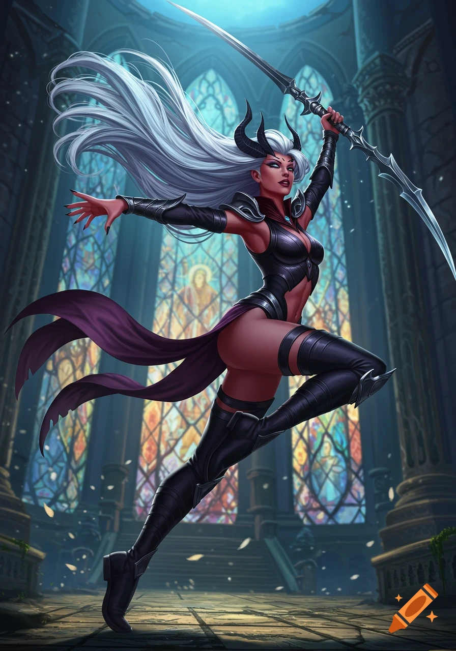 A horned, red-skinned female warrior with white hair leaps, holding a sword, in a gothic cathedral. Digital fantasy art.