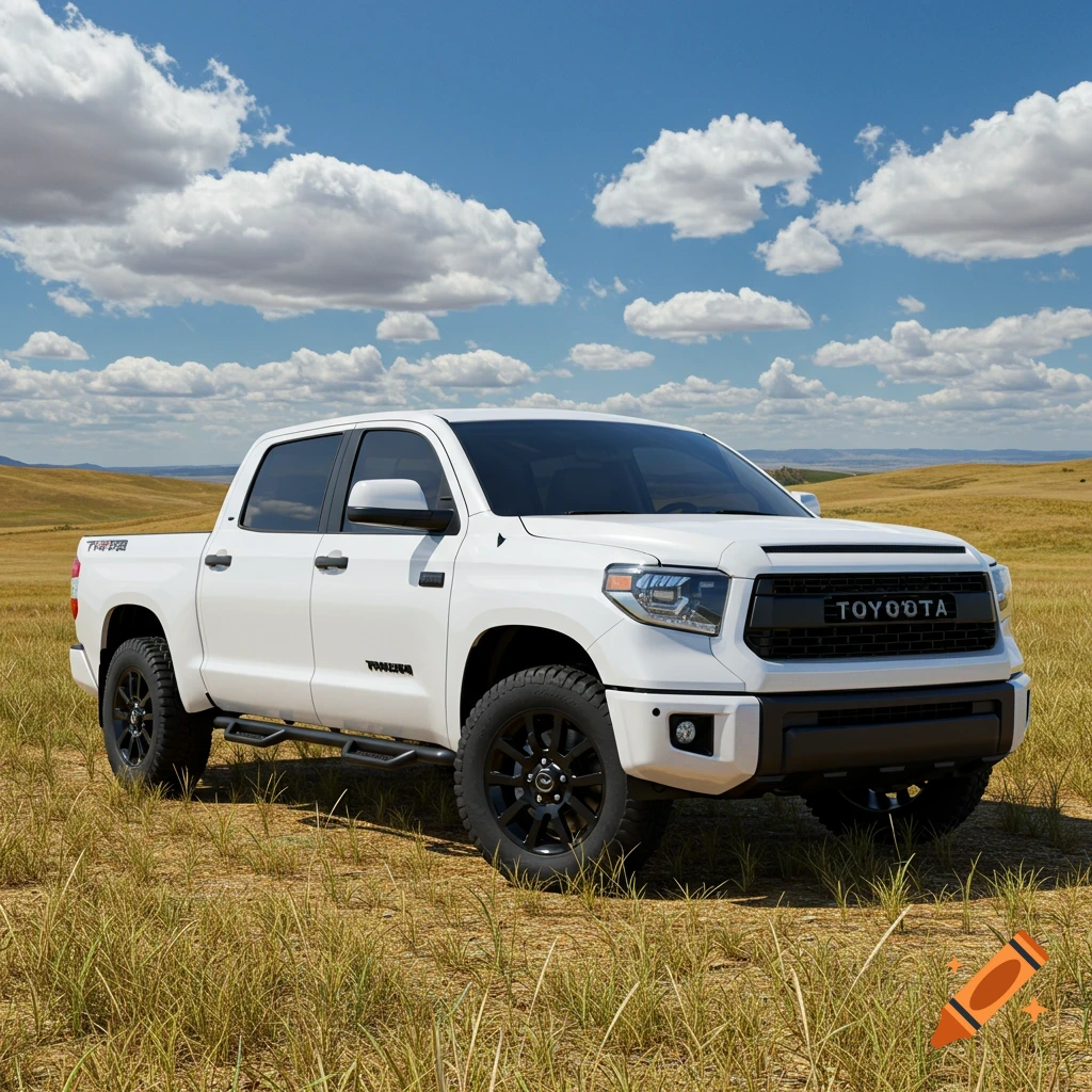 White Toyota Tundra pickup truck parked in a grassy field under a blue sky with clouds.