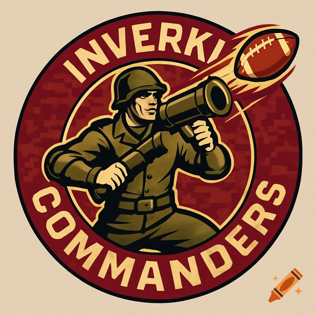 A circular logo featuring a stylized soldier firing an American football from a bazooka, with 'INVERKIP COMMANDERS' text.