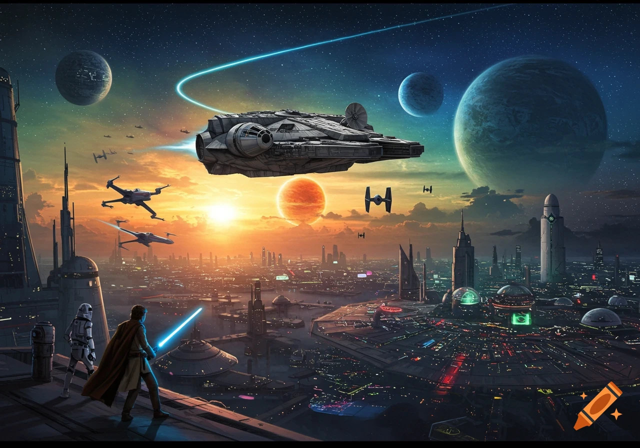 Luke Skywalker and a Stormtrooper overlook a futuristic city with spaceships and planets in the sunset sky.