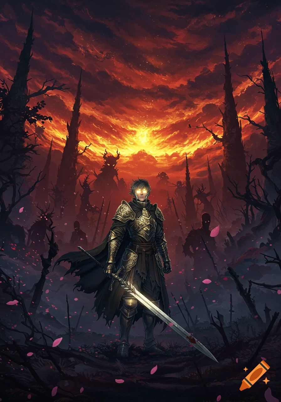 Anime-style knight with glowing eyes in detailed armor, holding a sword, stands in a dark fantasy landscape with shadowy figures under a fiery red sky.